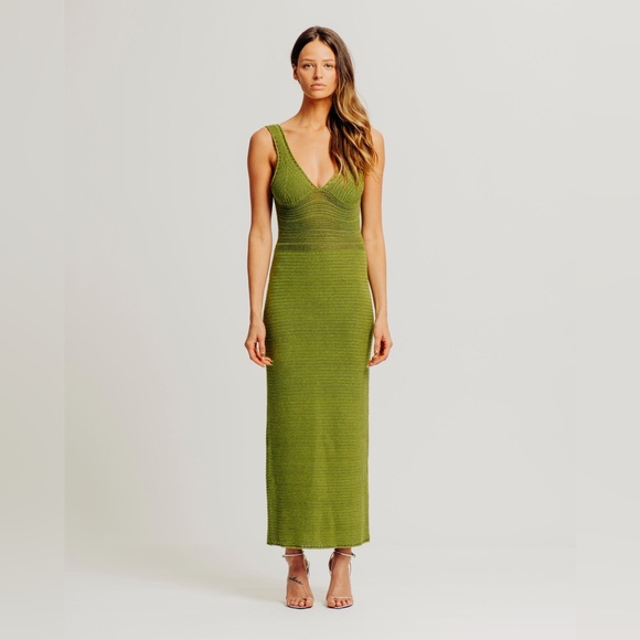 NWT Torn by Ronnie Kobo Madi Metallic Green Crochet Knit Maxi Dress Size Large - Picture 1 of 11